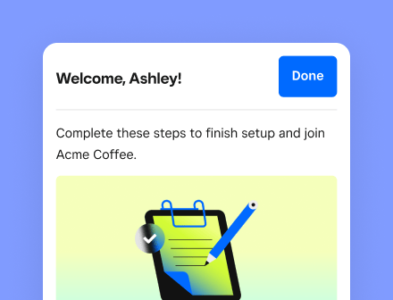 A mobile screen welcoming a new hire, Ashley, with instructions to complete setup tasks such as reviewing profile and uploading documents, with a “Done” button at the top.