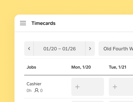 A partial view of the scheduling interface, showing the schedule for the week of 01/20 to 01/26, with job assignments and gray cells for adding shifts.