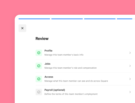 A review screen with a checklist for managing a team member's profile, jobs, access, and optional payroll information, with all tasks except payroll marked as completed.